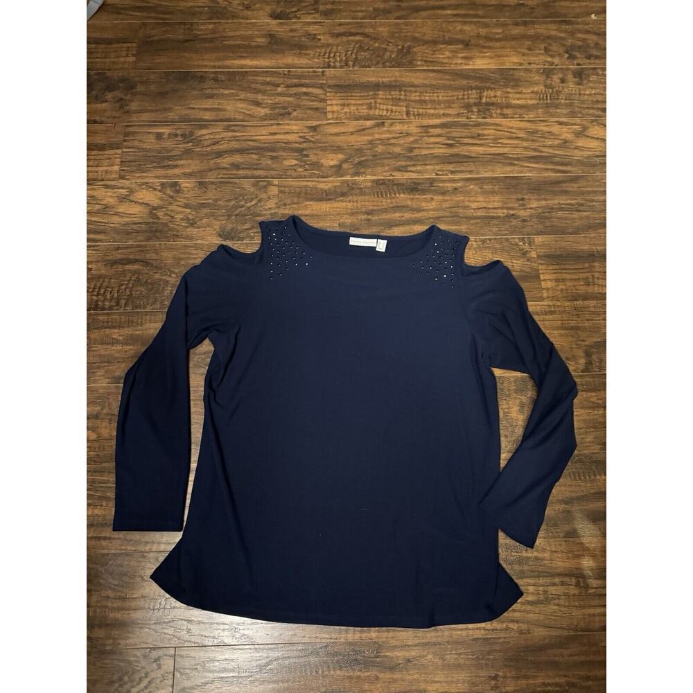 Susan Graver Blouse Women Size L Blue Slinky cold Shoulder Stretch Knit Top